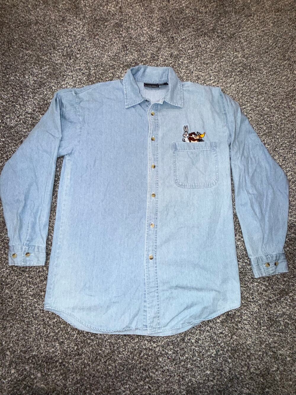 Vintage 1998 Looney Tunes Denim Shirt Bugs Bunny Taz Daffy Duck Womens Small